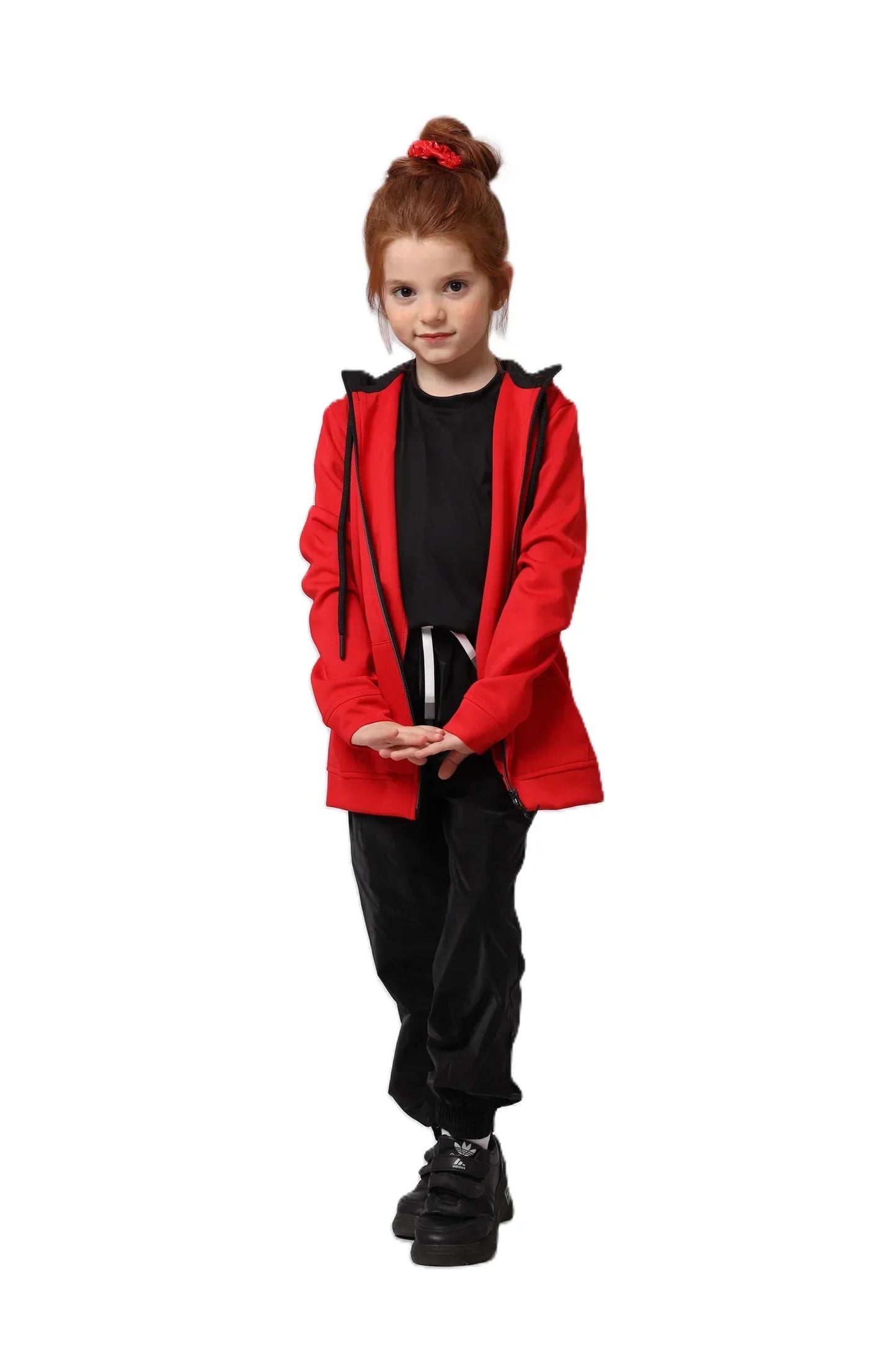 Child wearing a red hoodie with black accents on a white background