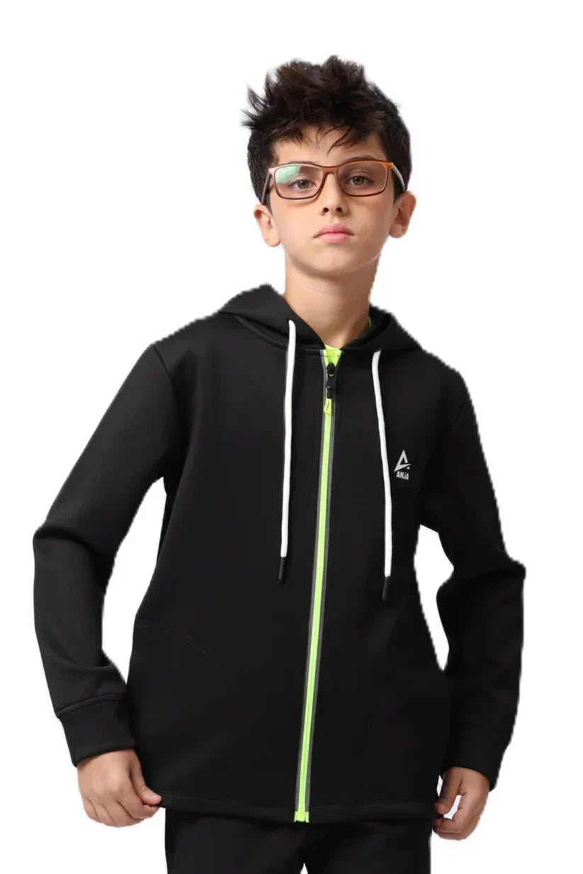 Boys Black Zip-Up Sweatshirt â€“ Sporty Contrast Trim Jacket | ANJA Sportswear
