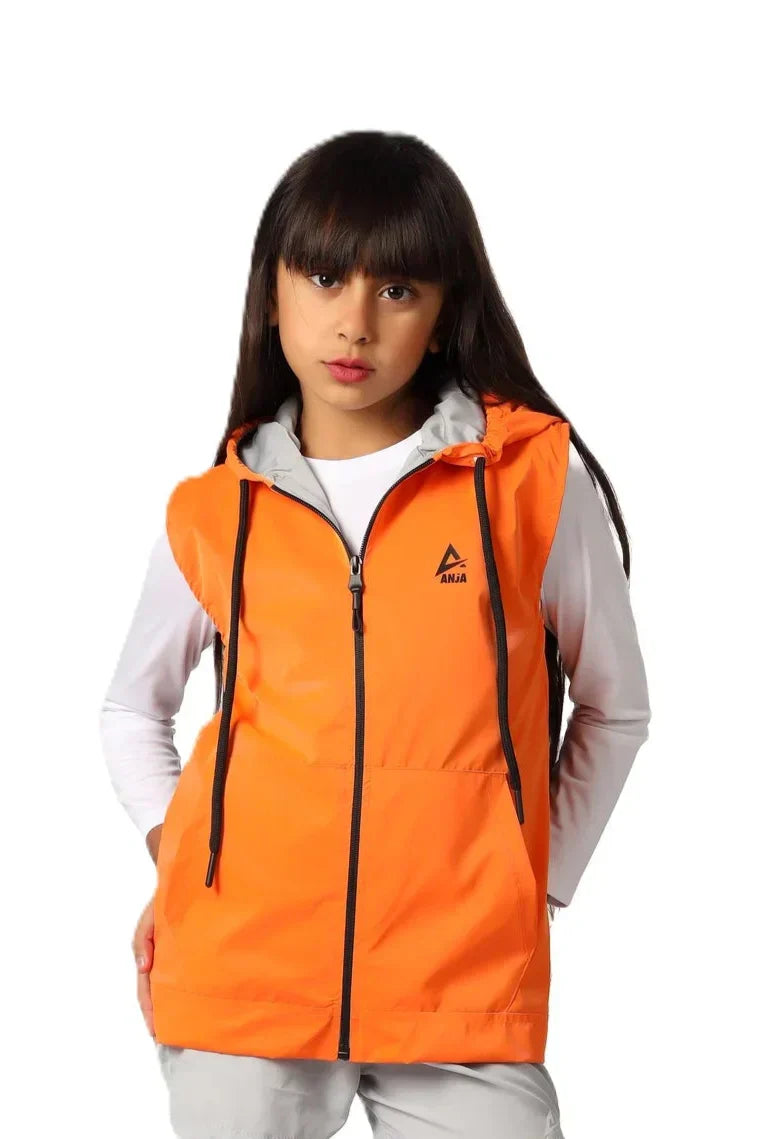 Orange vest with a brand logo worn by a person on a white background