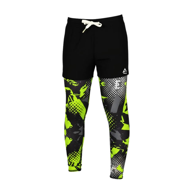 Black jogger pants with green and white patterns on a white background