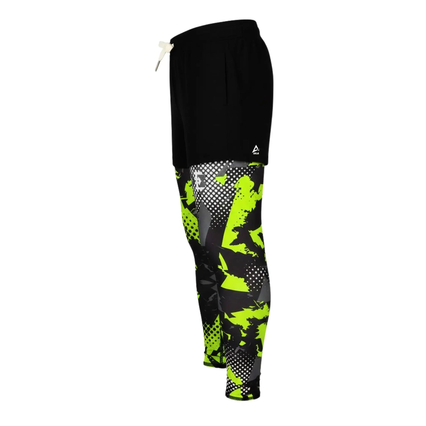 Black and green athletic pants with a geometric pattern on a white background