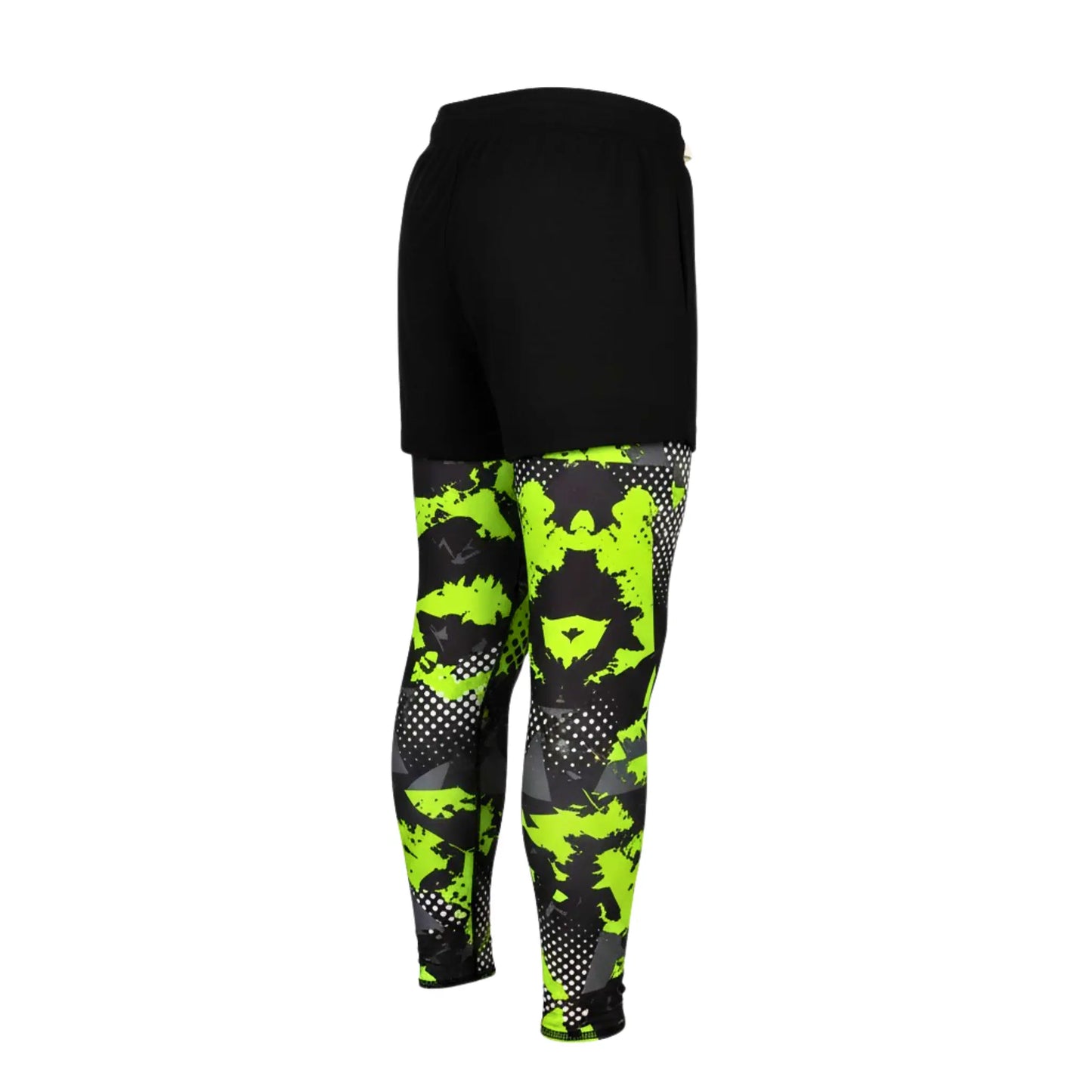 Black and green patterned leggings on a white background