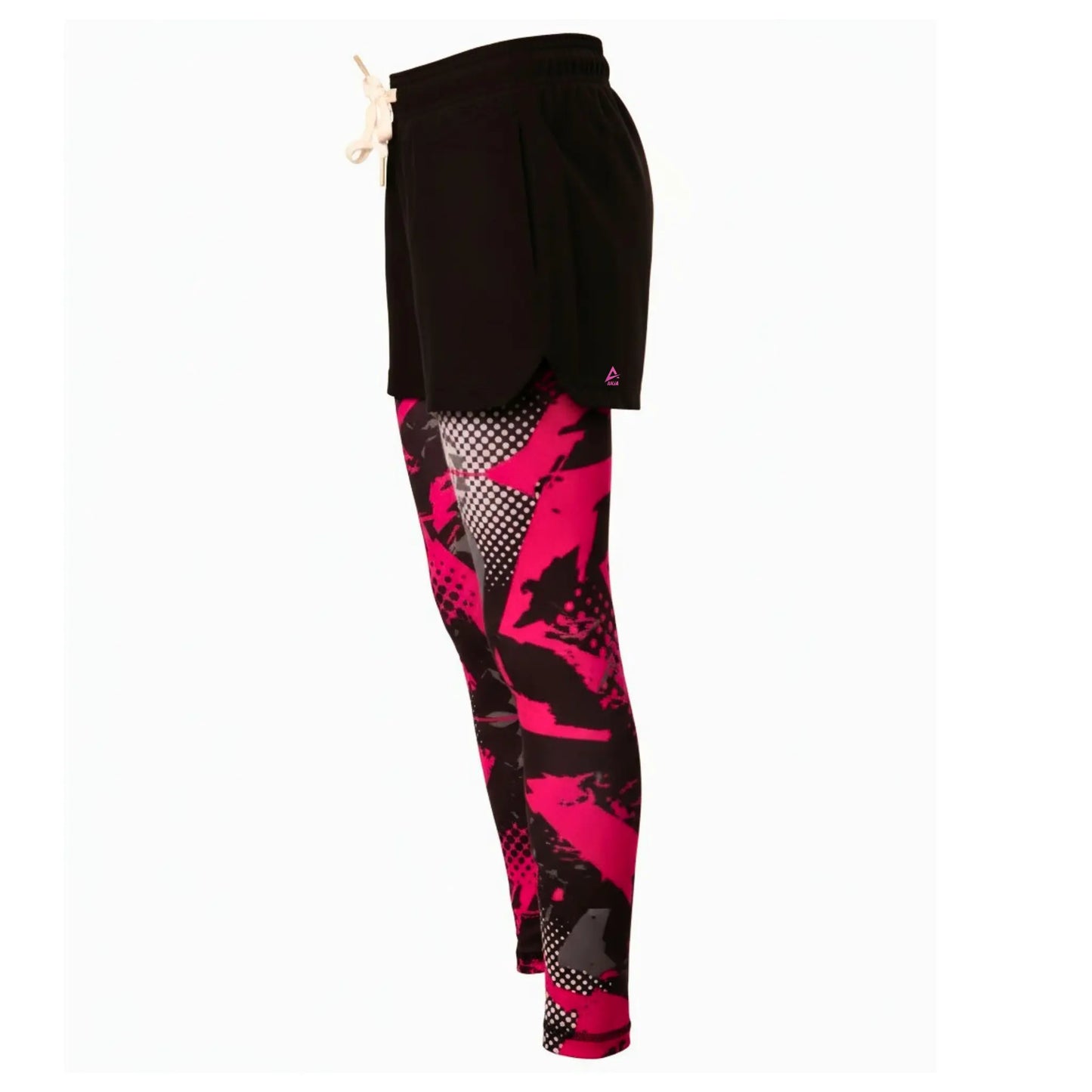 Black shorts with pink and black patterned leggings on a white background
