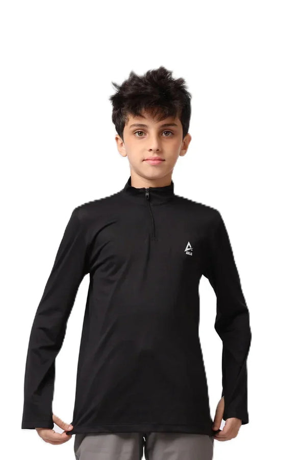 Child wearing a black long-sleeve shirt with a logo on a white background