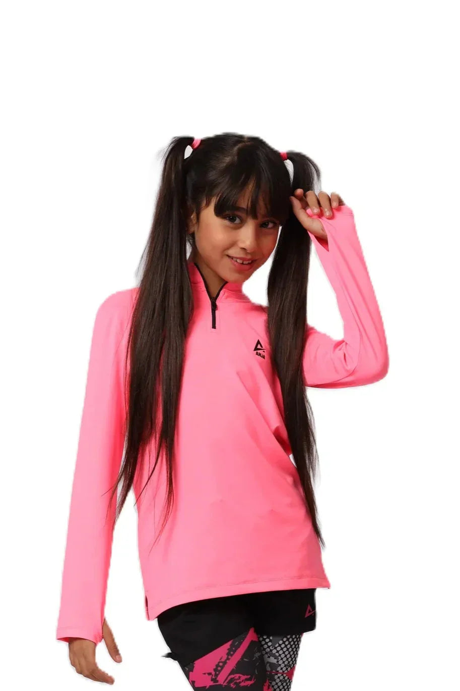 Person wearing a bright pink long-sleeve top with a small logo on a white background