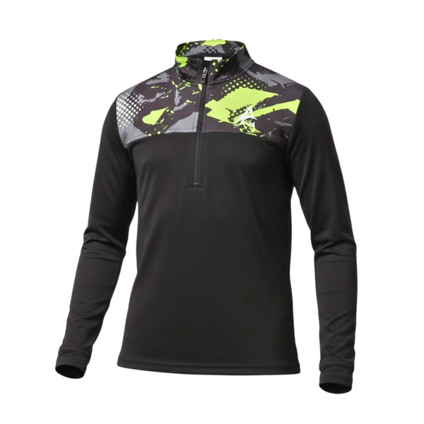 Black long-sleeve athletic shirt with colorful pattern on a white background