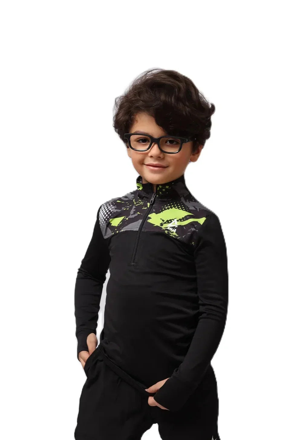 Boys Black & Green pattern T-Shirt â€“ Sporty Long Sleeve Top | ANJA Sportswear