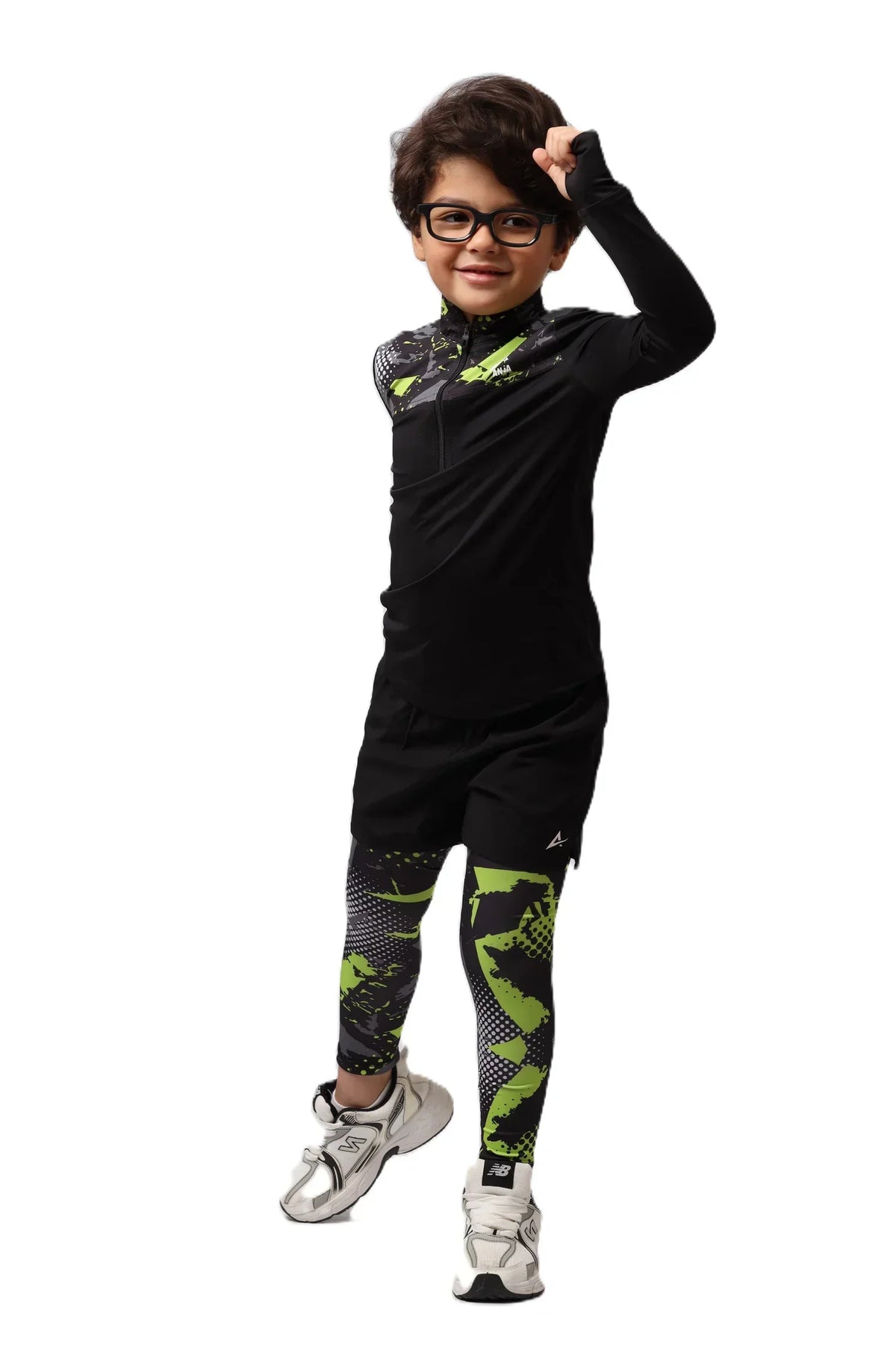 Boys Black & Green pattern T-Shirt â€“ Sporty Long Sleeve Top | ANJA Sportswear