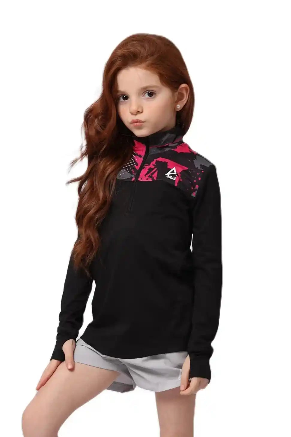 Girls Black & White Pattern T-Shirt â€“ Sporty Long Sleeve Top | ANJA Sportswear