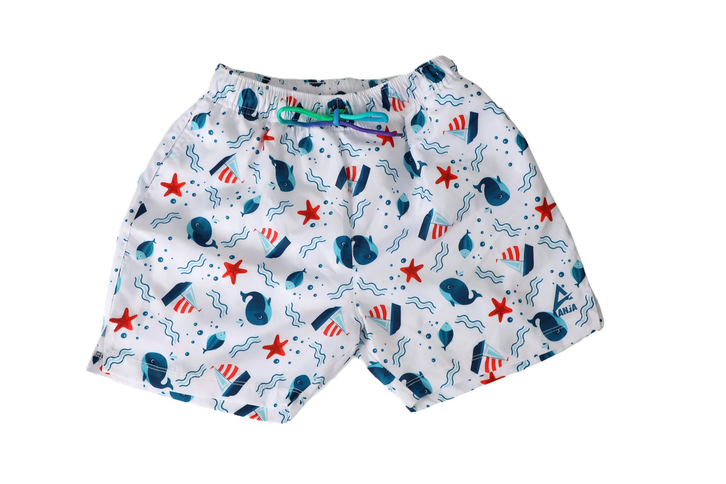 Children's swim shorts with nautical pattern on a white background