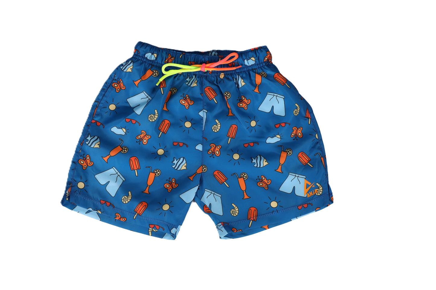 Blue swim shorts with colorful pattern on a white background
