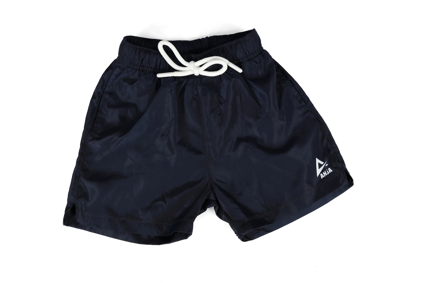 Black shorts with a white drawstring and logo on a white background