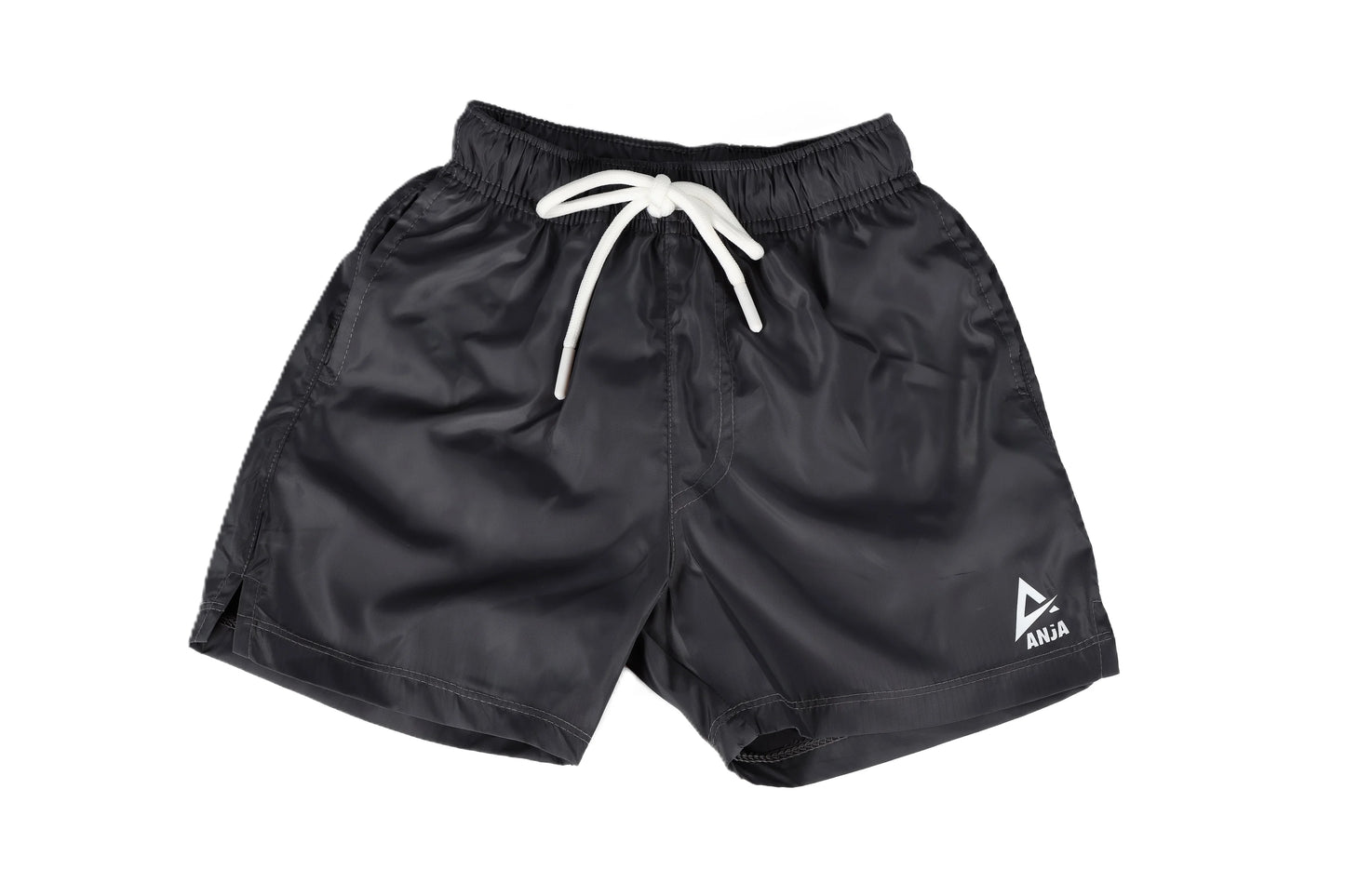 Black shorts with a white drawstring on a white background