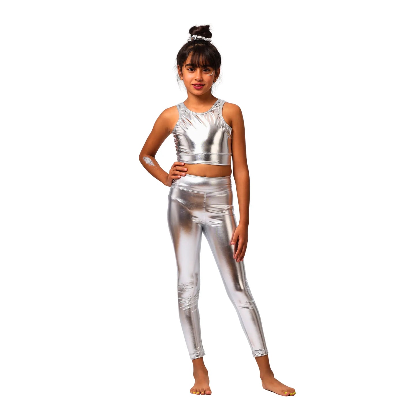 Girls Metallic gymnastics Set â€“ Girlsâ€™ Sporty Crop Top with Shorts and Leggings | ANJA Sportswear