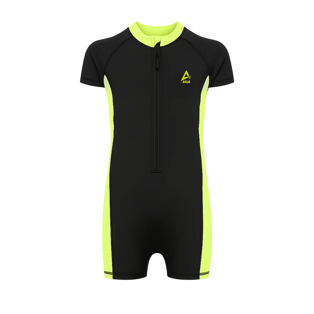 Boys Short Sleeve One-Piece Swimsuit â€“ Black with Neon Yellow Side Panels and Front Zip | ANJA Sportswear