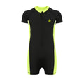Boys Short Sleeve One-Piece Swimsuit â€“ Black with Neon Yellow Side Panels and Front Zip | ANJA Sportswear