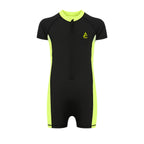 Boys Short Sleeve One-Piece Swimsuit â€“ Black with Neon Yellow Side Panels and Front Zip | ANJA Sportswear