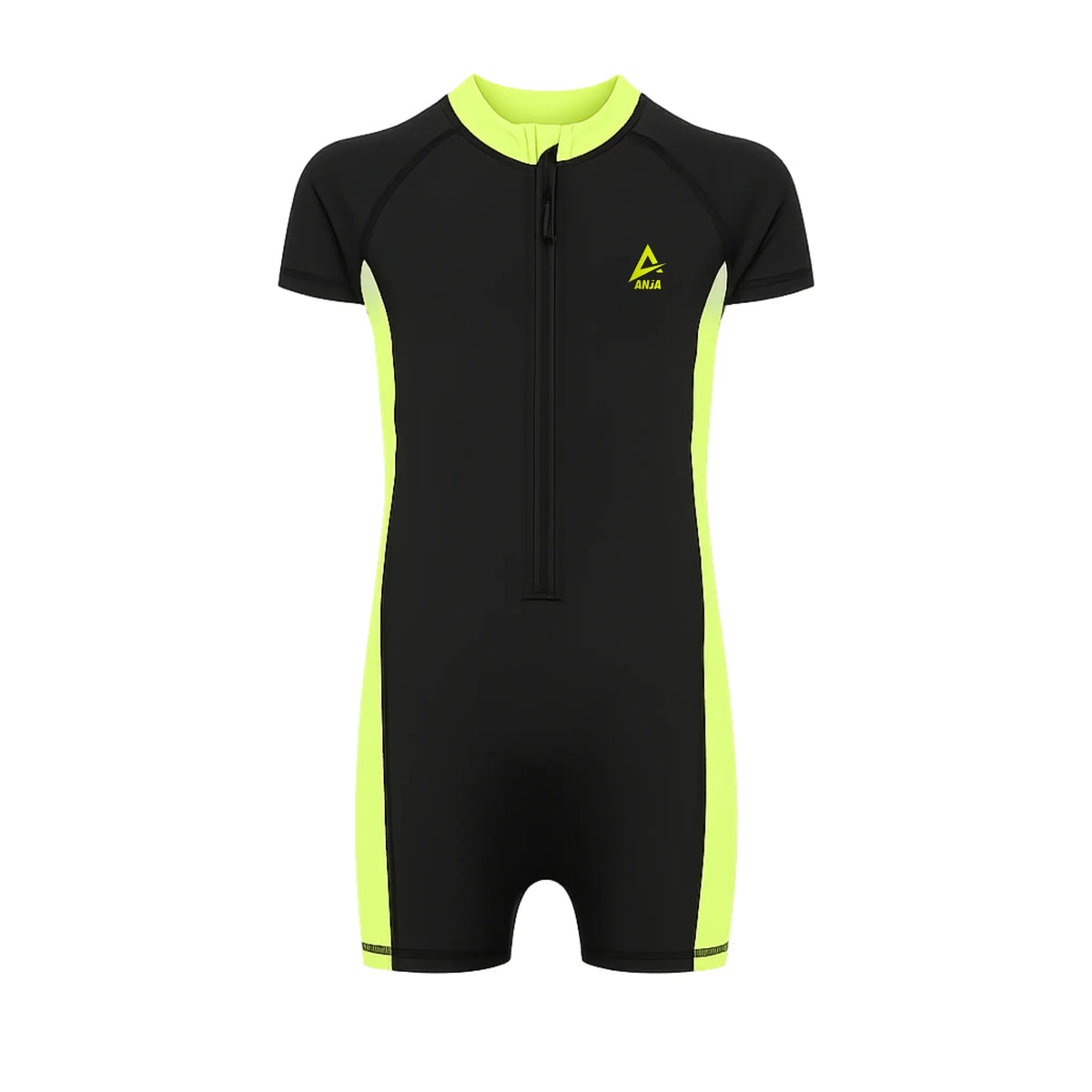 Boys Short Sleeve One-Piece Swimsuit â€“ Black with Neon Yellow Side Panels and Front Zip | ANJA Sportswear
