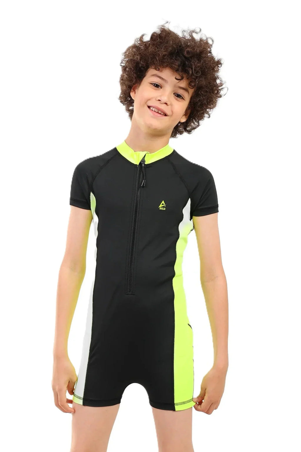 Boys Short Sleeve One-Piece Swimsuit â€“ Black with Neon Yellow Side Panels and Front Zip | ANJA Sportswear