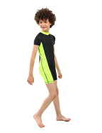 Boys Short Sleeve One-Piece Swimsuit â€“ Black with Neon Yellow Side Panels and Front Zip | ANJA Sportswear