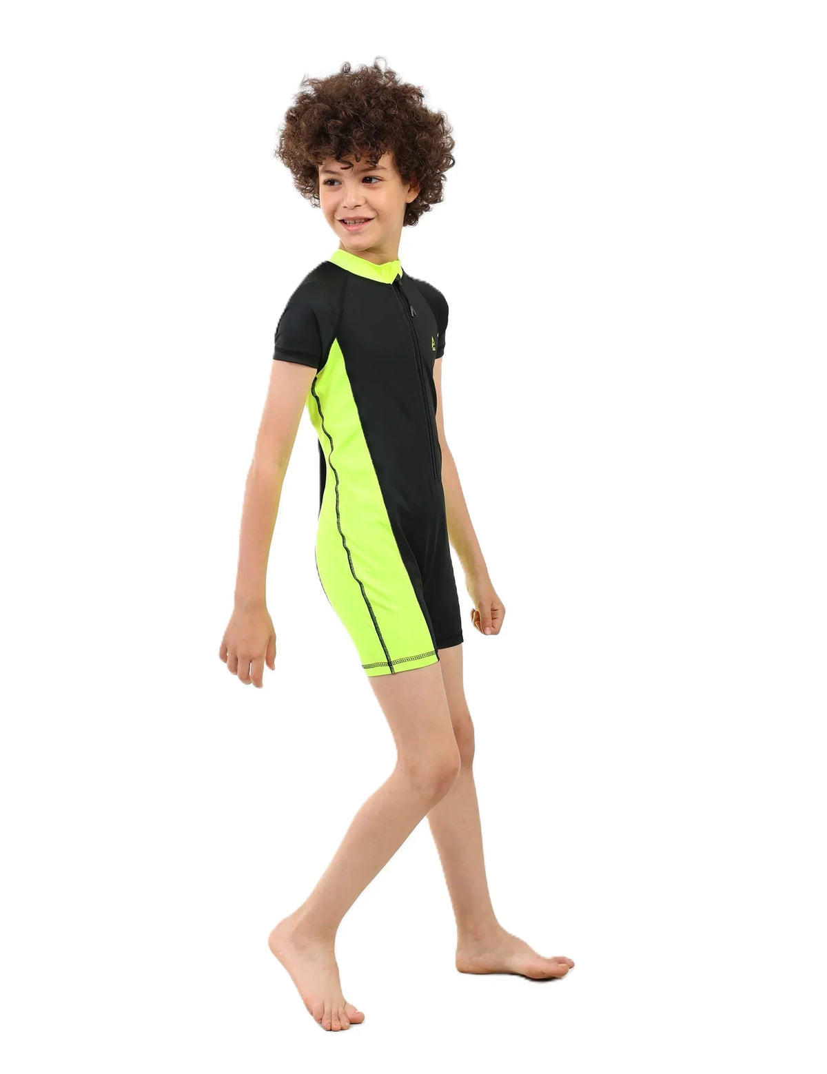 Boys Short Sleeve One-Piece Swimsuit â€“ Black with Neon Yellow Side Panels and Front Zip | ANJA Sportswear