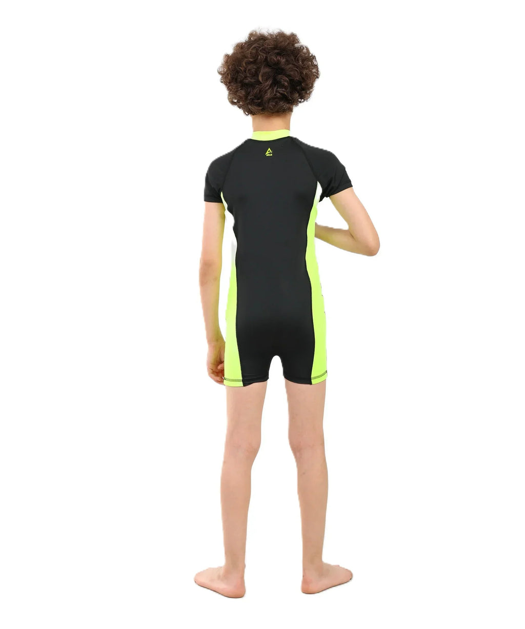 Boys Short Sleeve One-Piece Swimsuit â€“ Black with Neon Yellow Side Panels and Front Zip | ANJA Sportswear