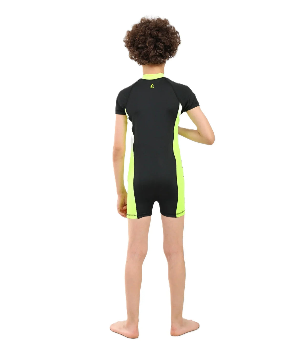 Boys Short Sleeve One-Piece Swimsuit â€“ Black with Neon Yellow Side Panels and Front Zip | ANJA Sportswear
