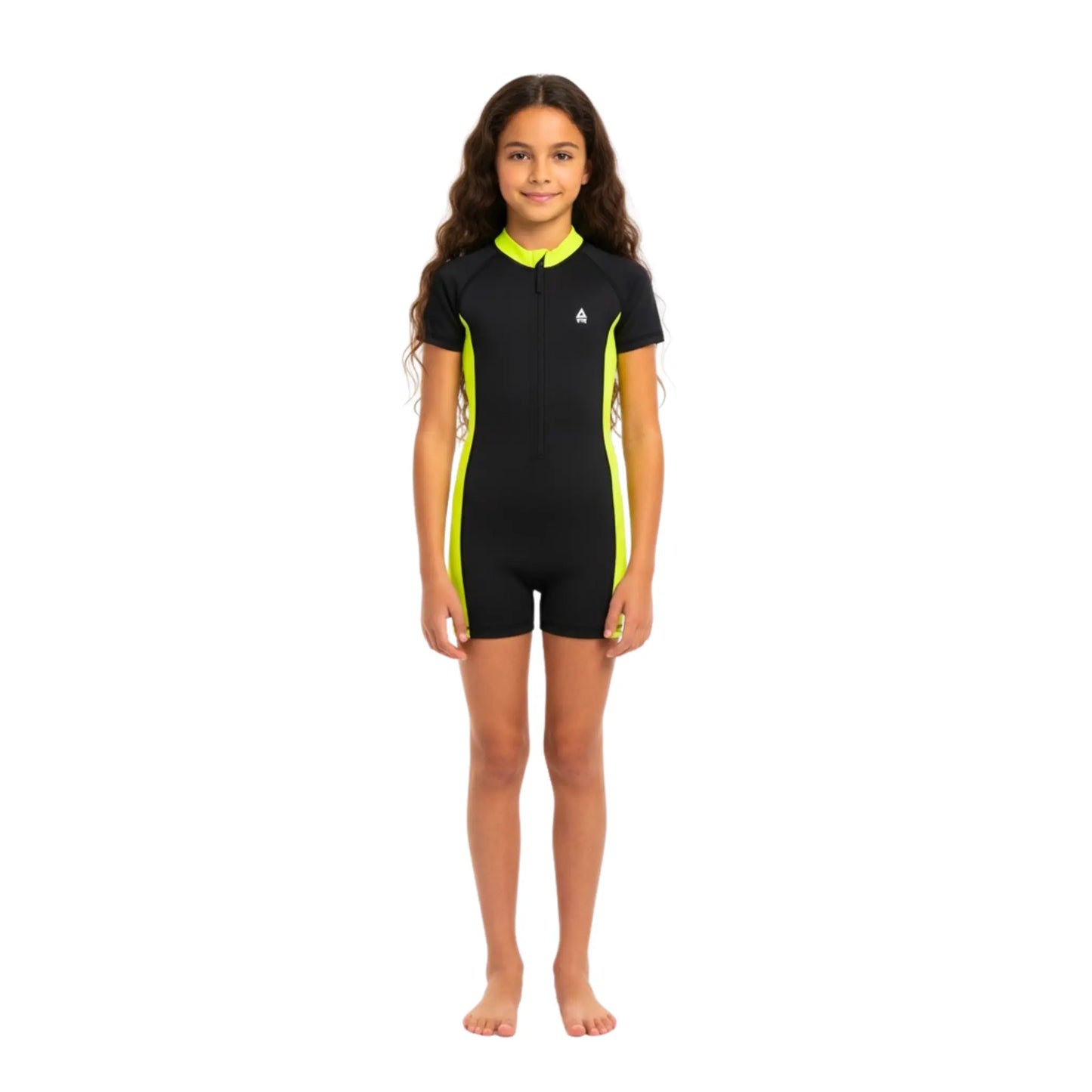 Young girl wearing a black and yellow swimsuit on a white background
