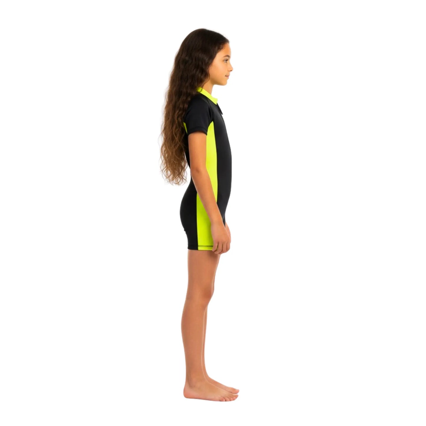 Person wearing a black and green swimsuit on a white background
