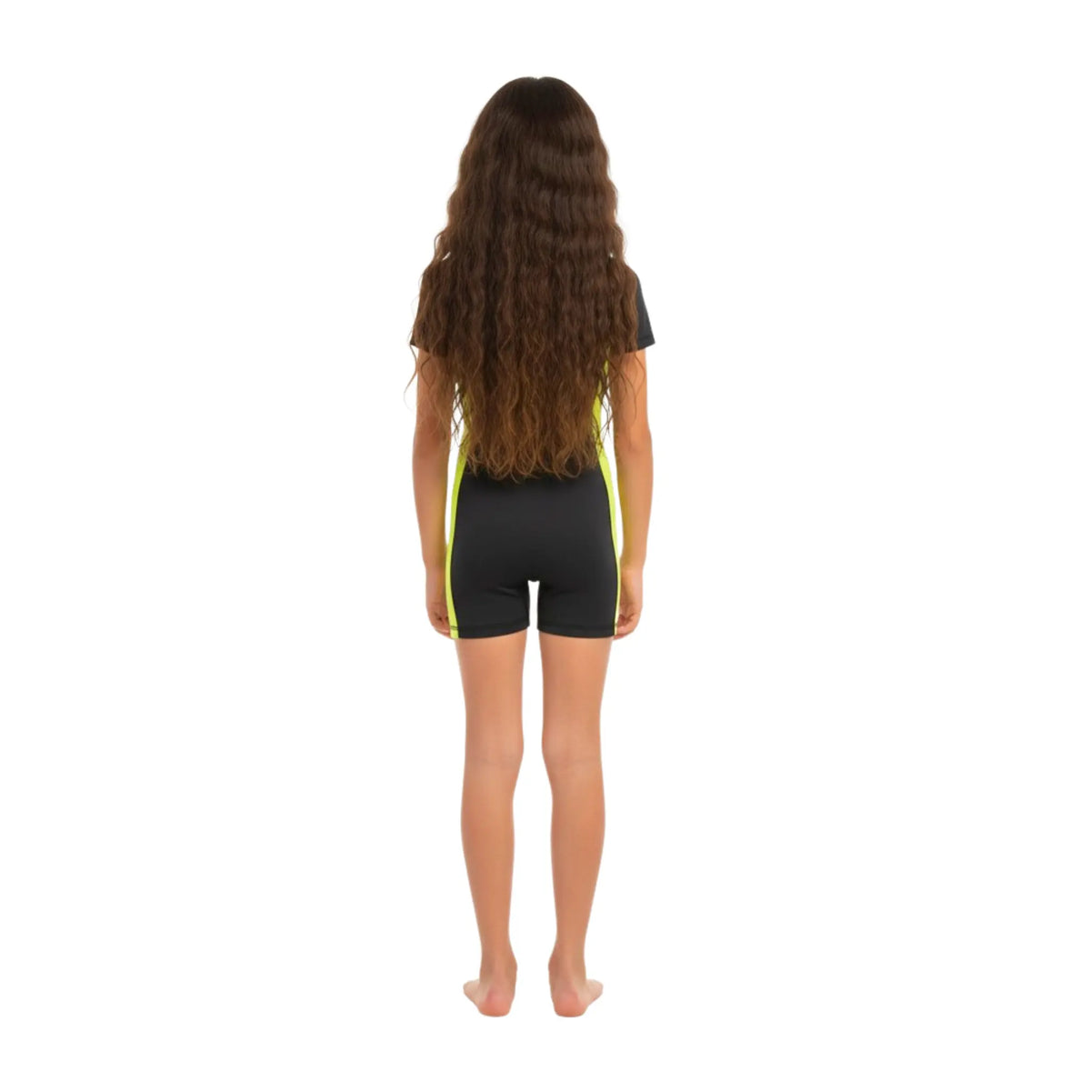 Girls Short Sleeve One-Piece Swimsuit â€“ Black with Neon Yellow Side Panels and Front Zip | ANJA Sportswear