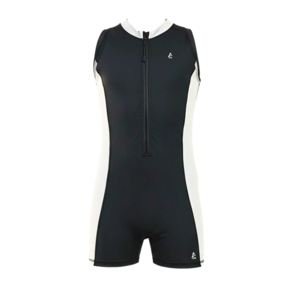 Boys sleeveless One-Piece Swimsuit â€“ Black with light grey Side Panels and Front Zip | ANJA Sportswear