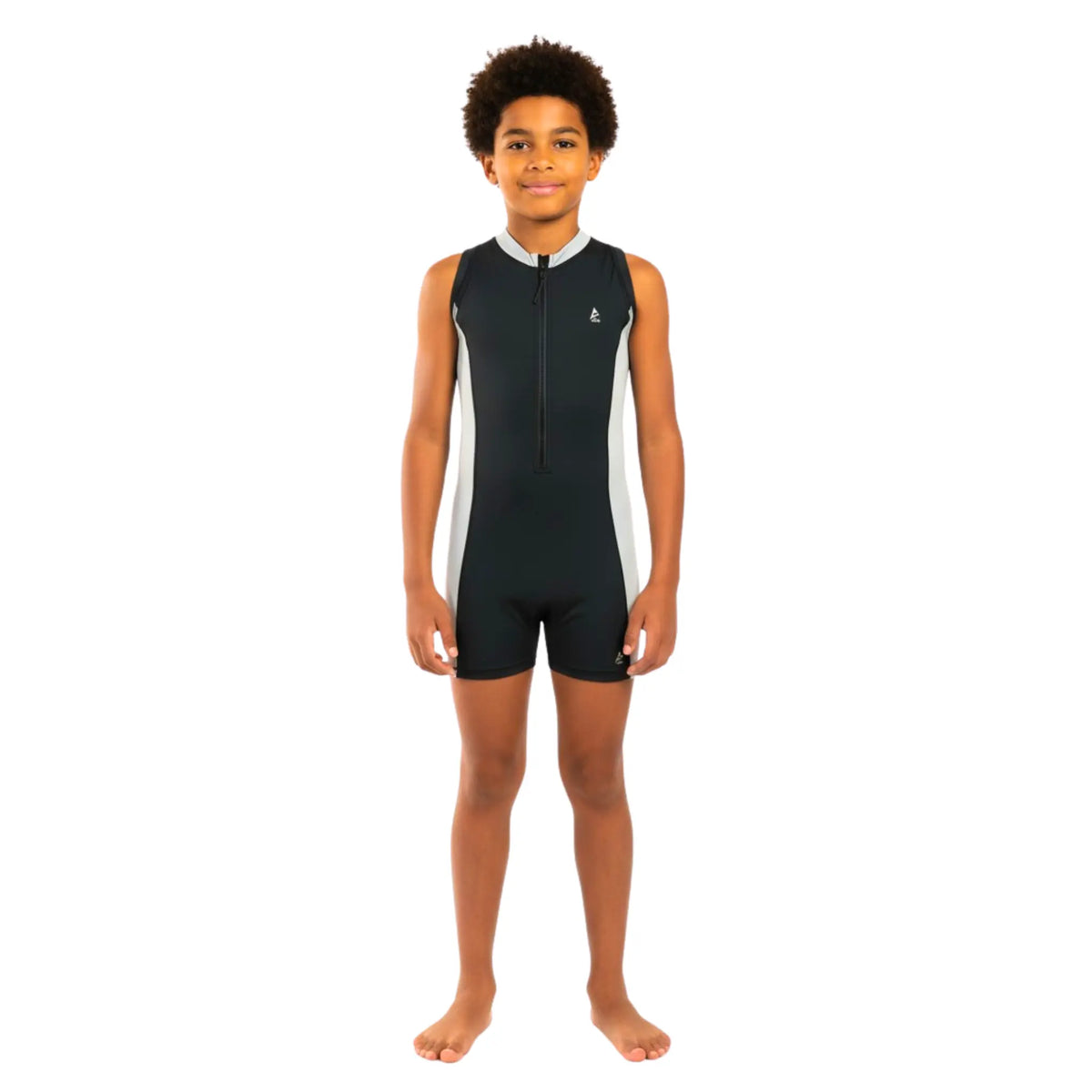 Boys sleeveless One-Piece Swimsuit â€“ Black with light grey Side Panels and Front Zip | ANJA Sportswear