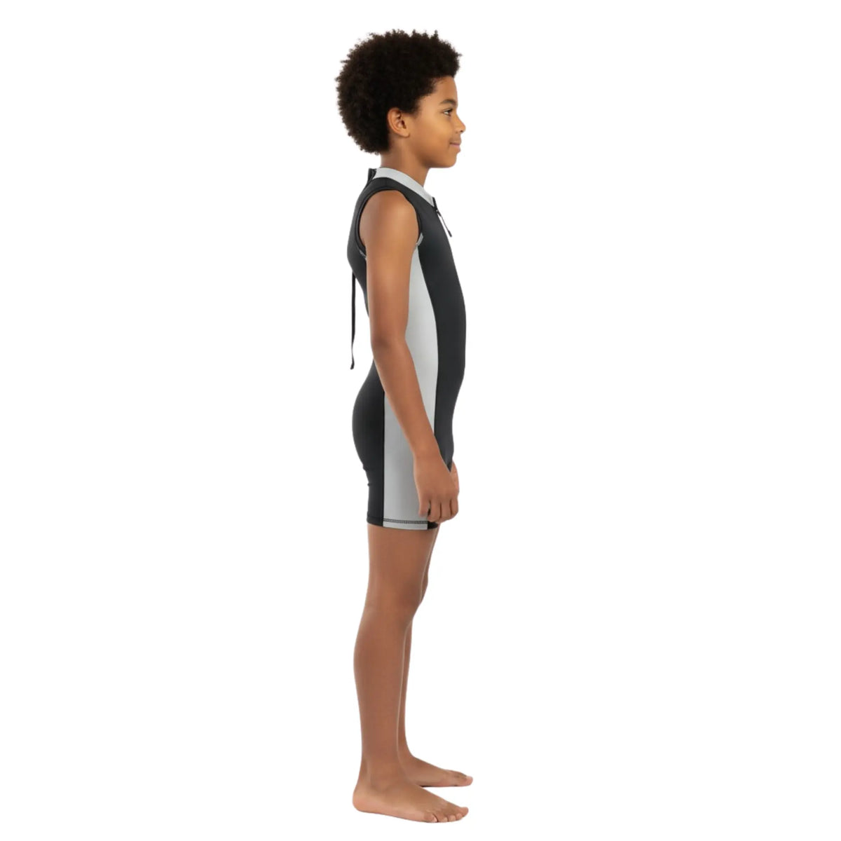 Boys sleeveless One-Piece Swimsuit â€“ Black with light grey Side Panels and Front Zip | ANJA Sportswear