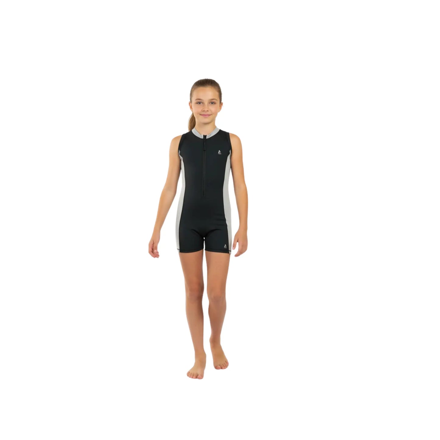Person wearing a black and white sleeveless swimsuit on a white background