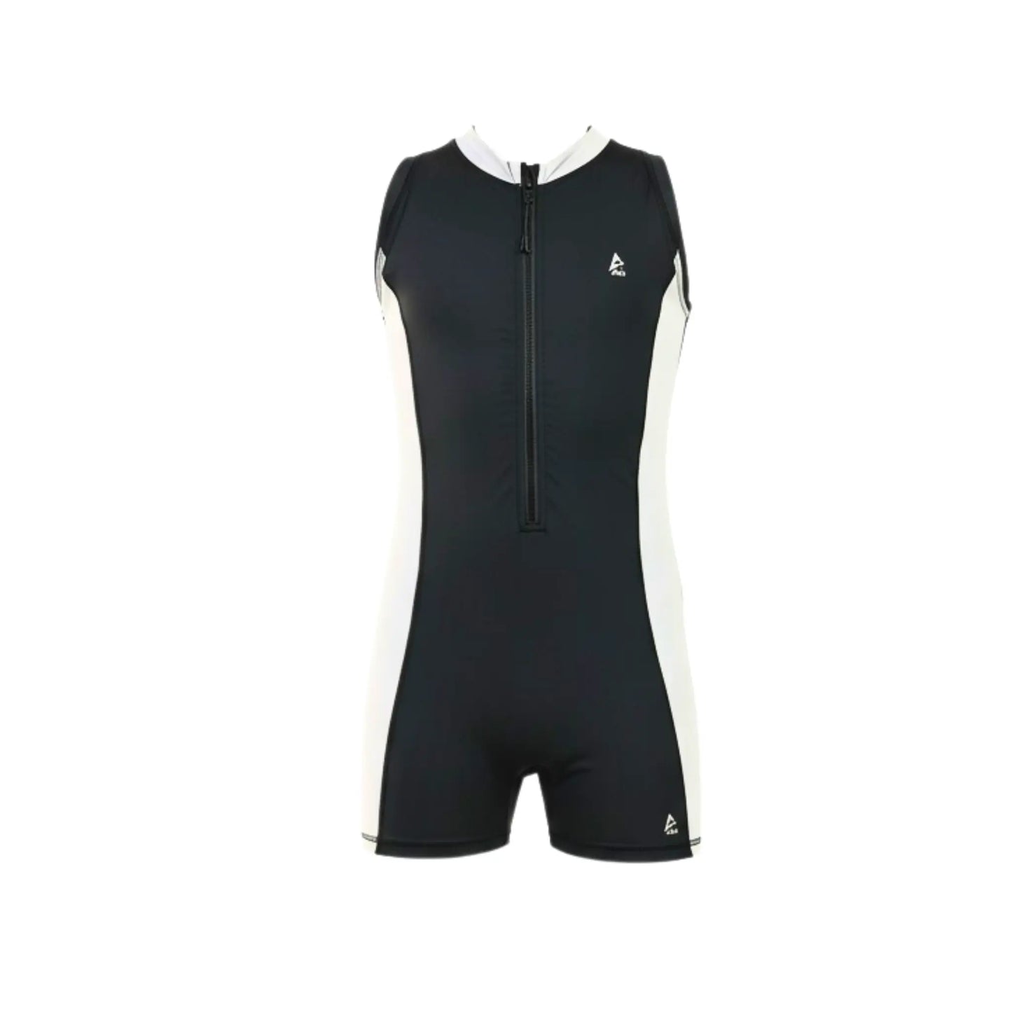 Black and white sleeveless swimsuit with a small logo on a white background