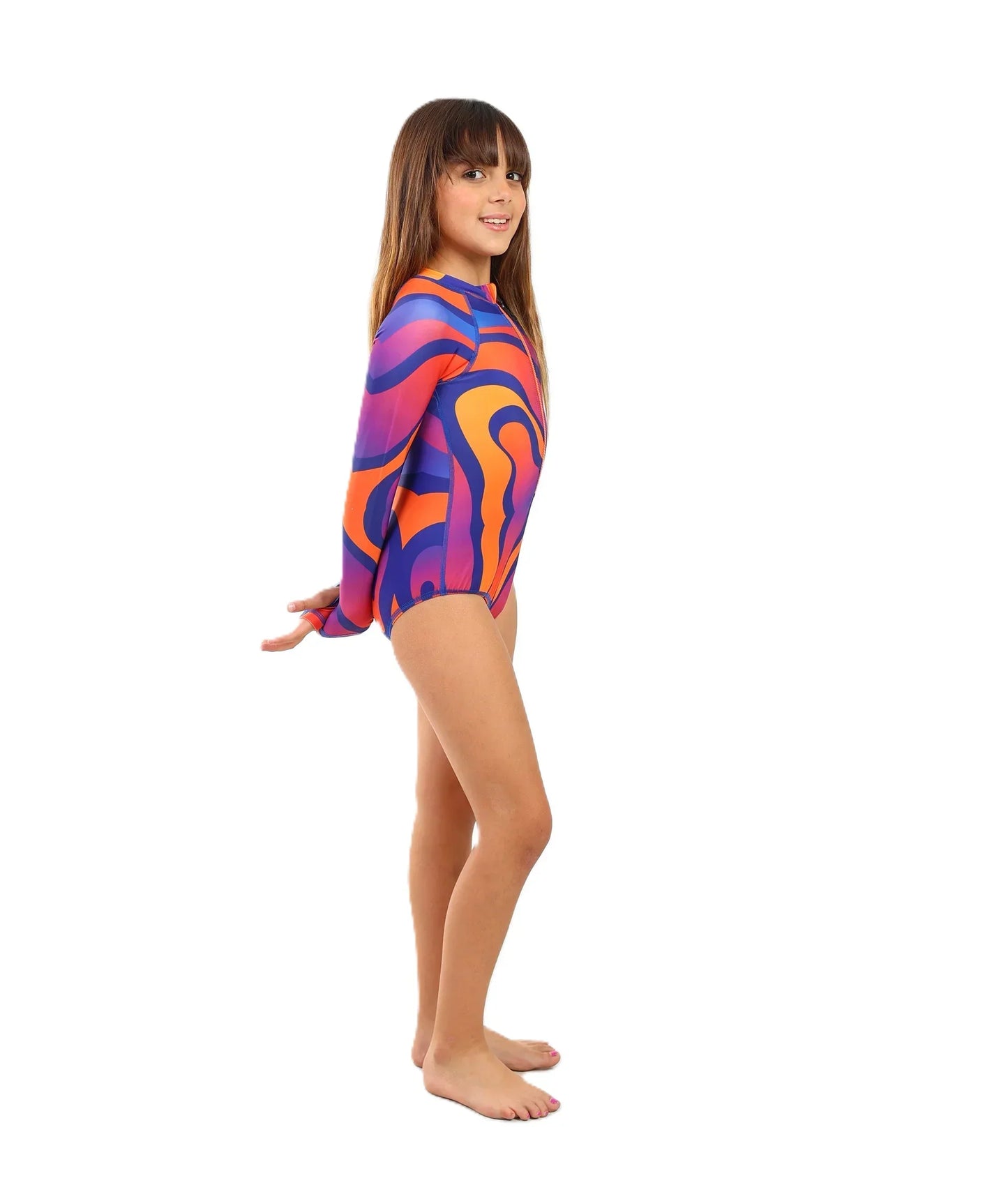 Girl wearing a colorful swimsuit with a white background