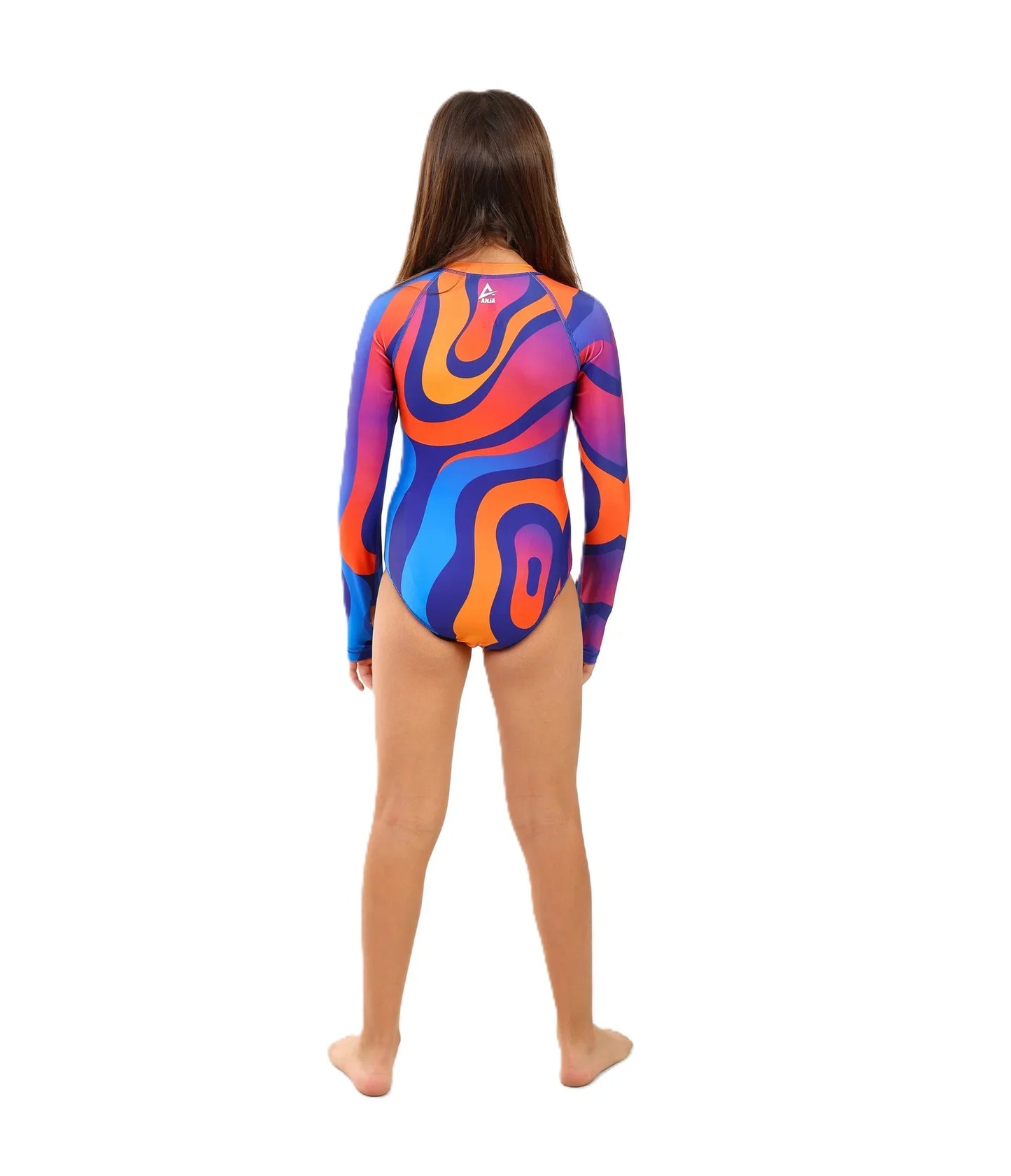 Person wearing a colorful swimsuit with a white background