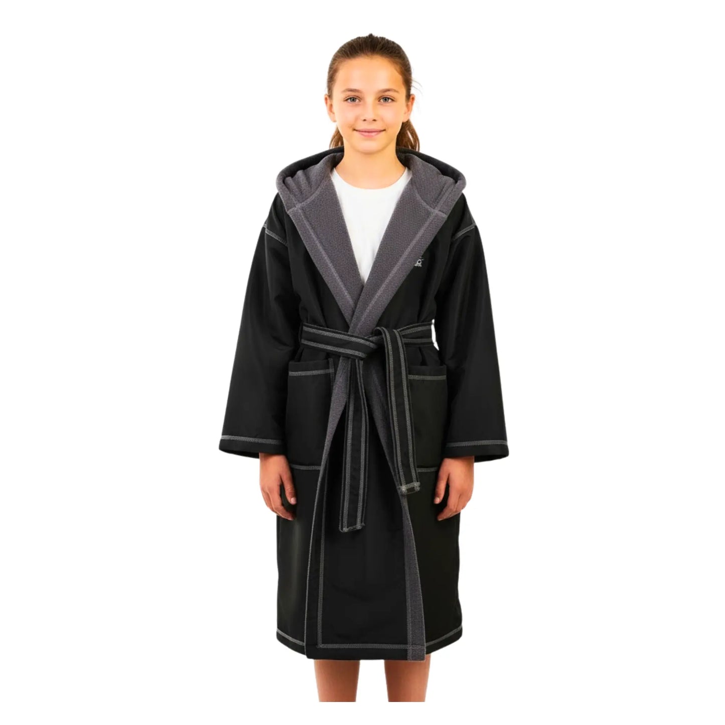Person wearing a black and gray robe on a white background