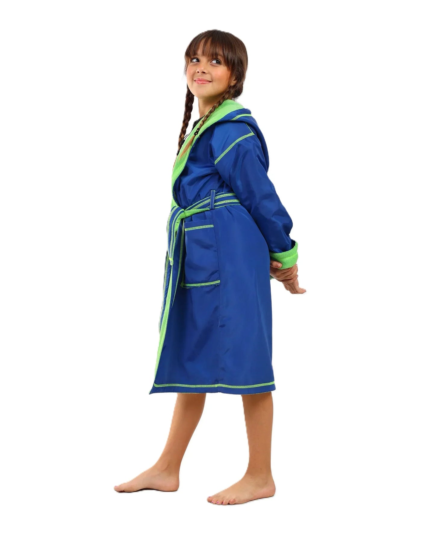 Child wearing a blue and green robe on a white background
