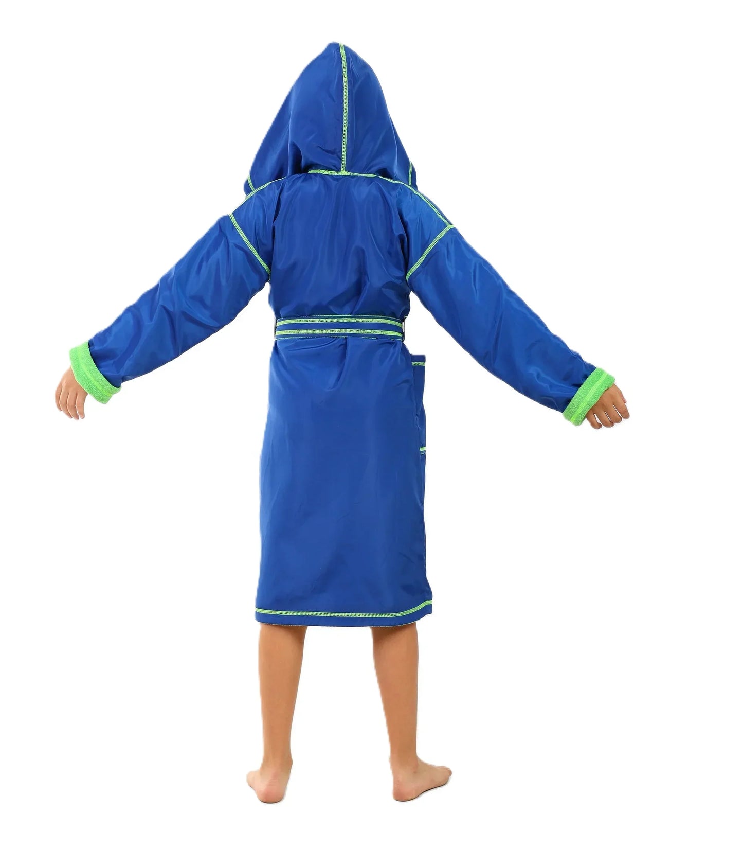 Blue hooded robe with green trim on a white background