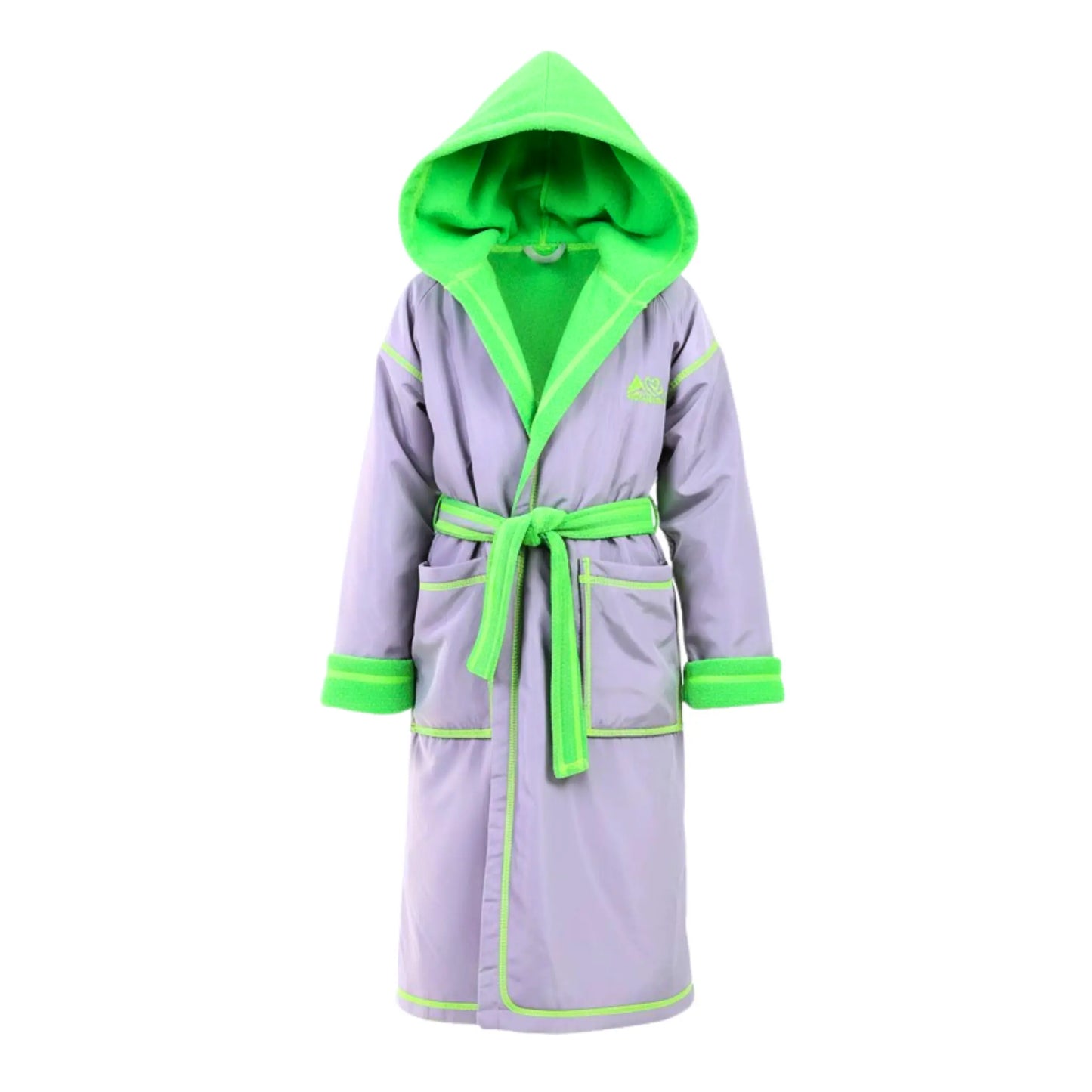Light purple bathrobe with green trim and hood on a white background