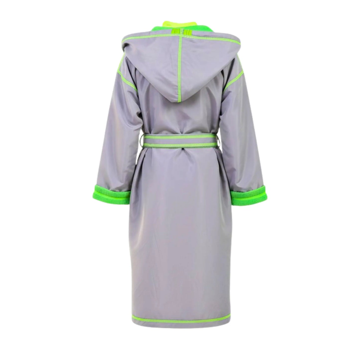 Gray bathrobe with green trim on a white background