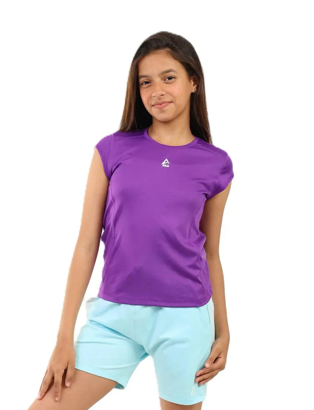 Person wearing a purple t-shirt and light blue shorts on a white background