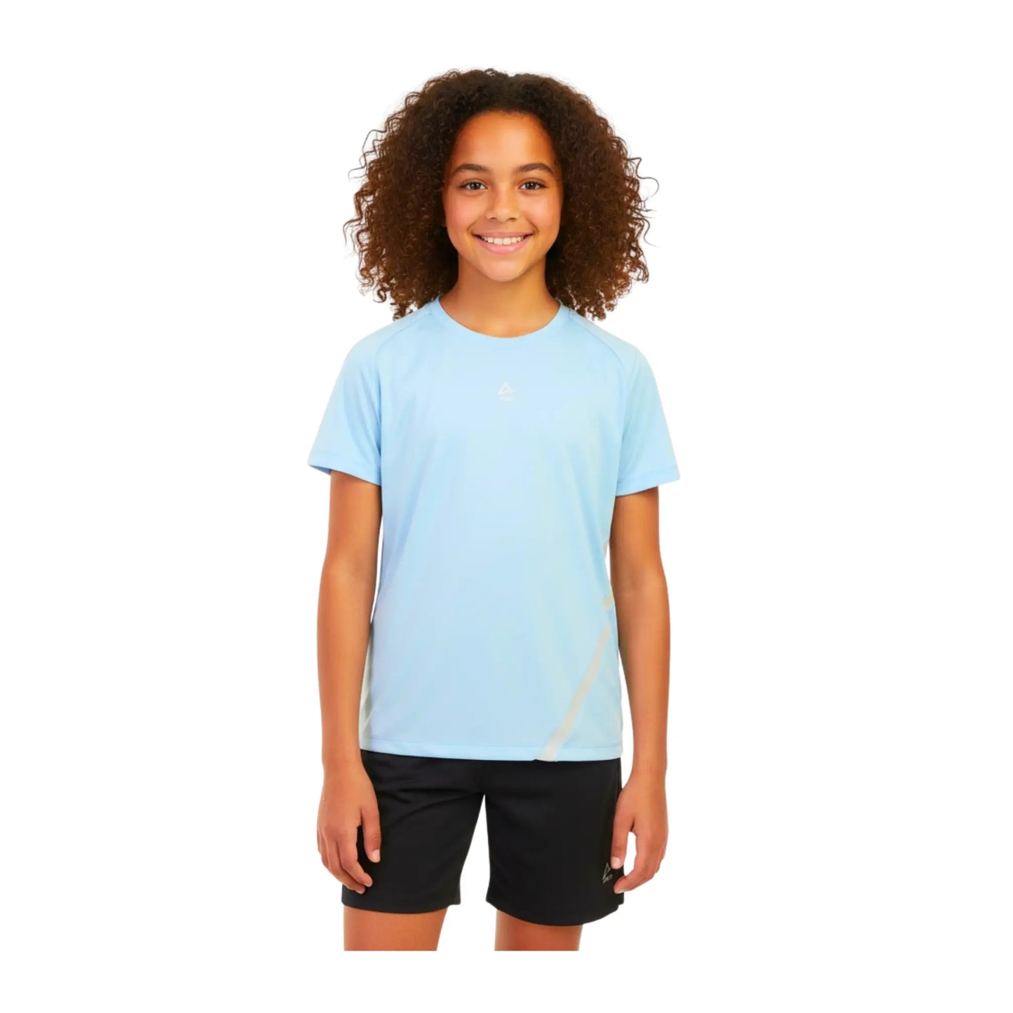 Person wearing a light blue t-shirt and black shorts on a white background