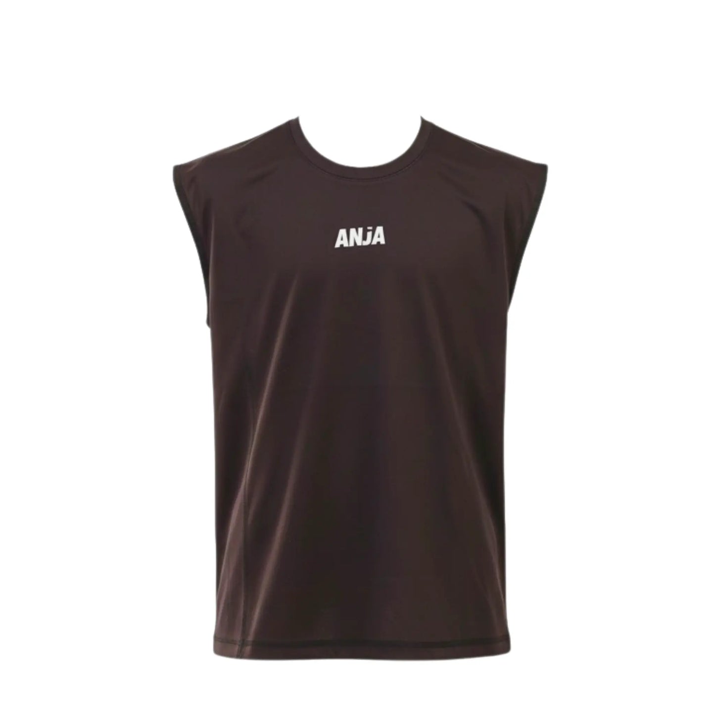 Brown sleeveless shirt with 'ANJA' logo on a white background