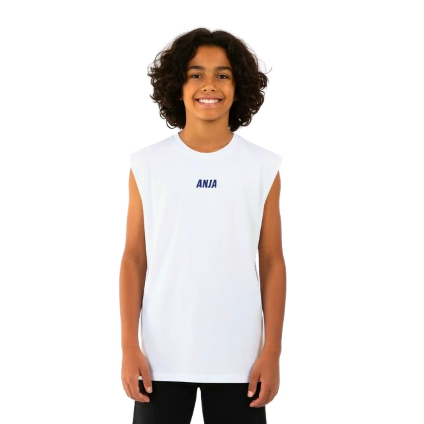 Person wearing a white sleeveless shirt with 'ANIA' branding on a white background