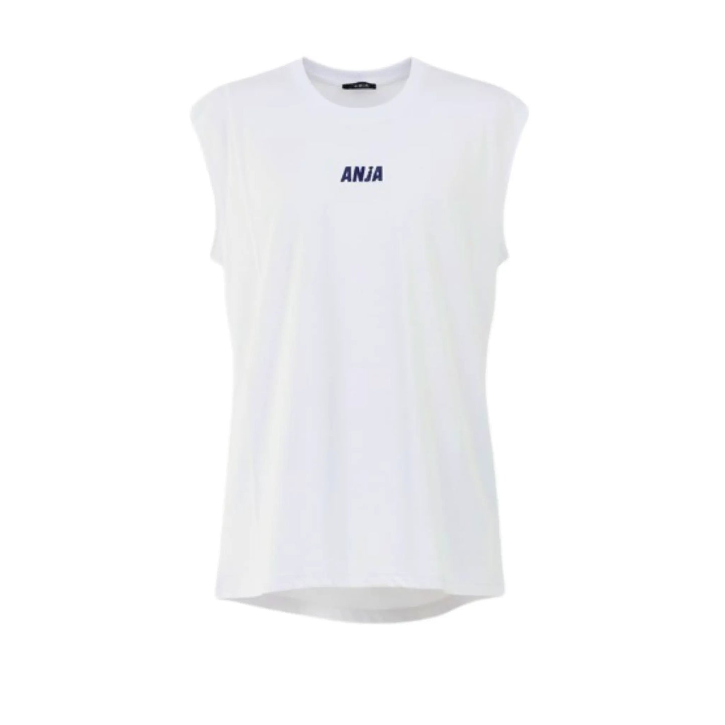 White sleeveless shirt with 'ANJA' branding on a white background