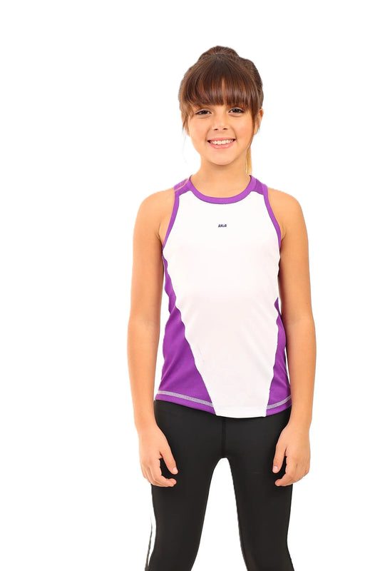 Young girl wearing a purple and white sleeveless top on a white background