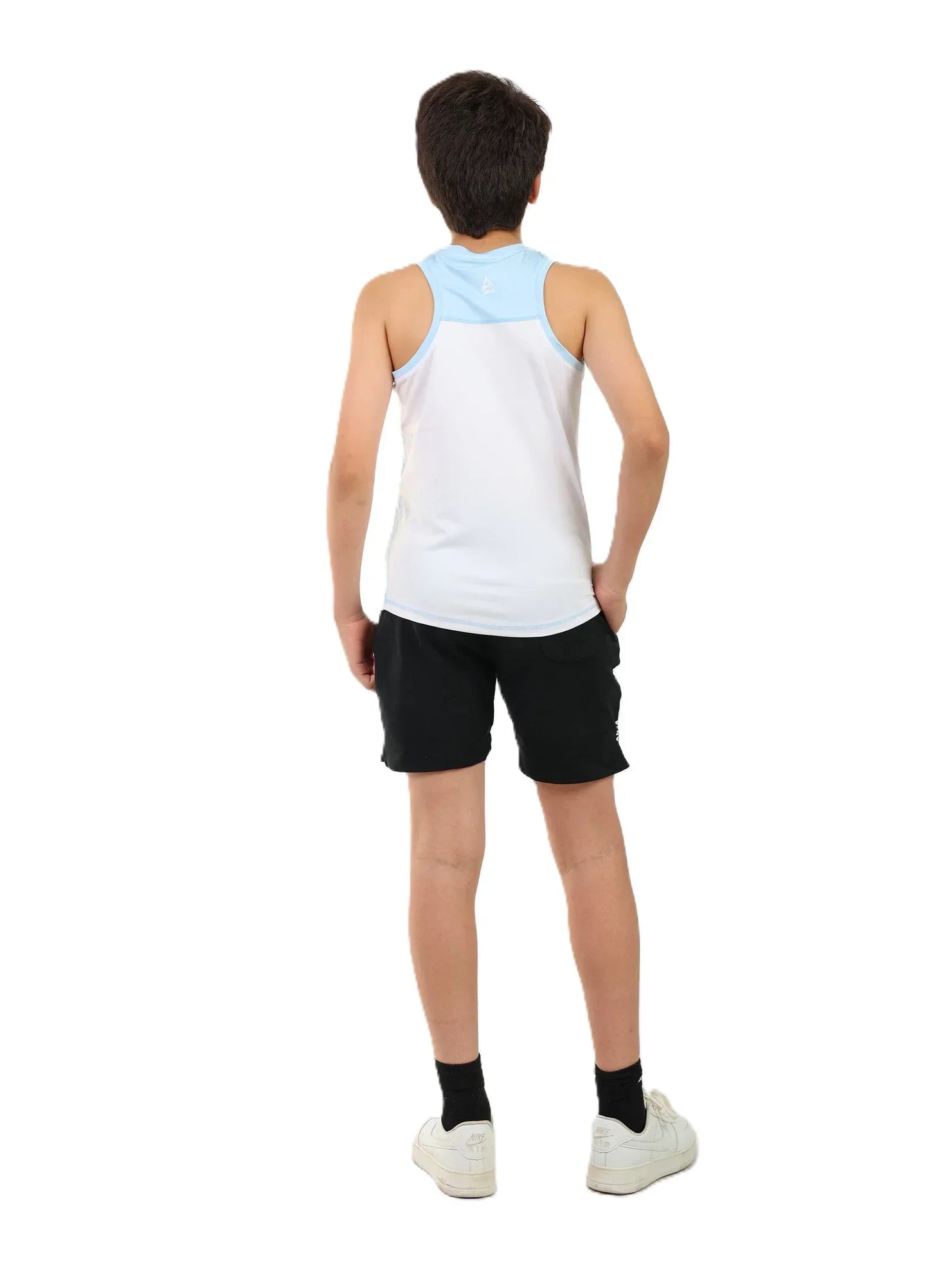 Person wearing a white tank top with blue sleeves and black shorts on a white background