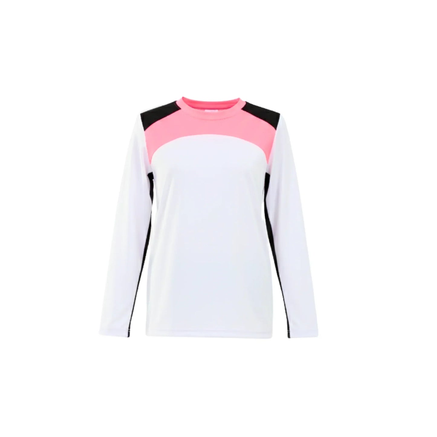 White long-sleeve shirt with pink and black color block design on a white background